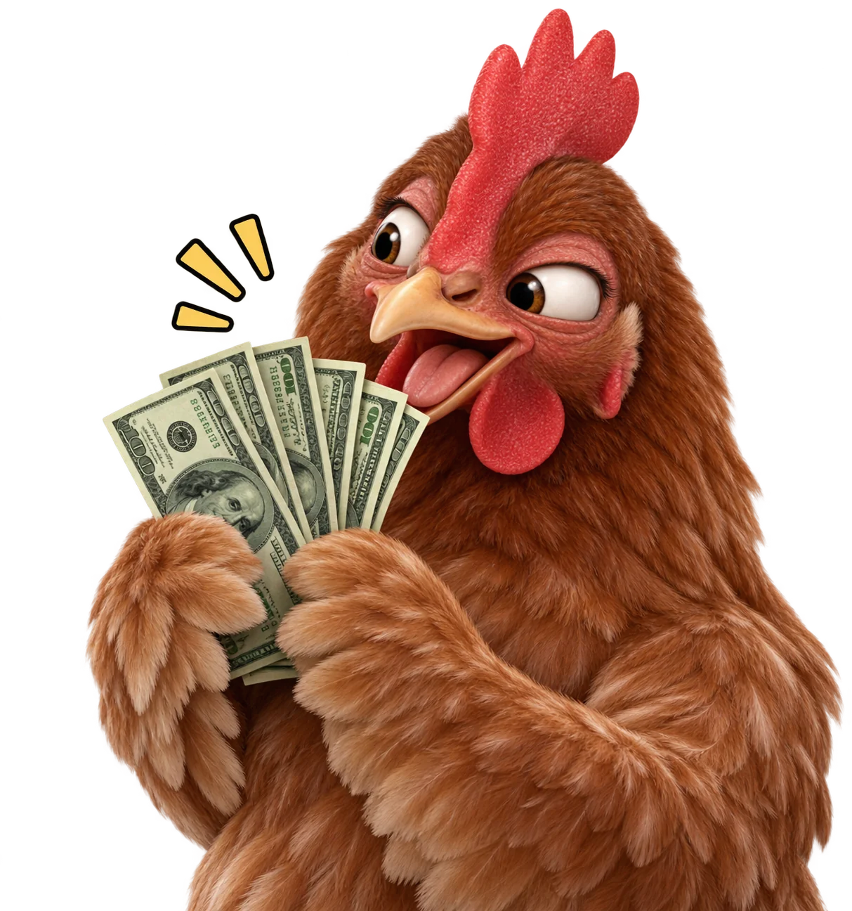 Gallina emocionada con dinero